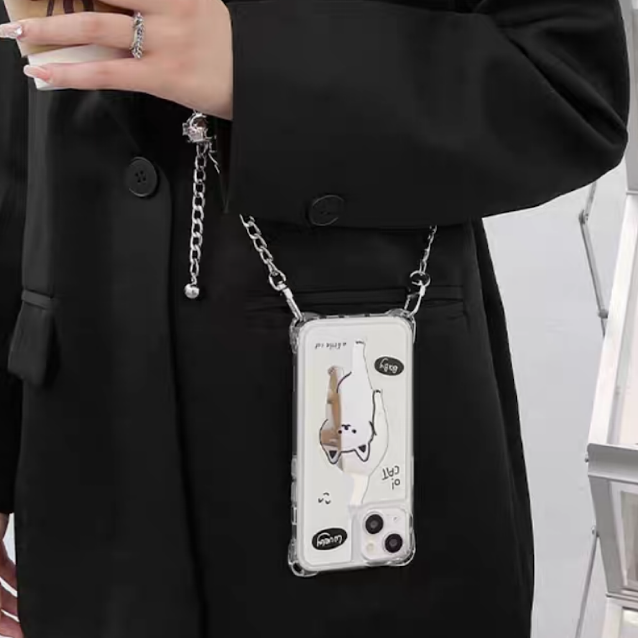 iPhoneケース 鏡付き 犬 猫 ホワイト ショルダー ストラップ スマホケース