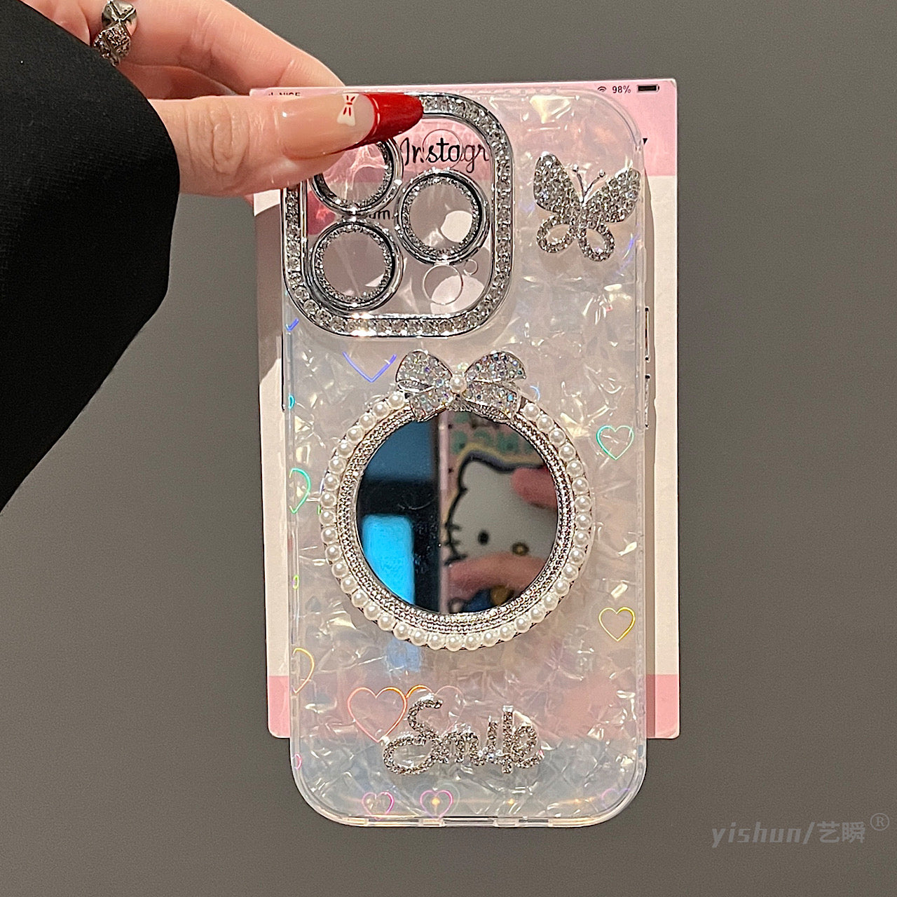 iPhoneケース おしゃれ キラキラ ホワイト ミラー付き スマホケース
