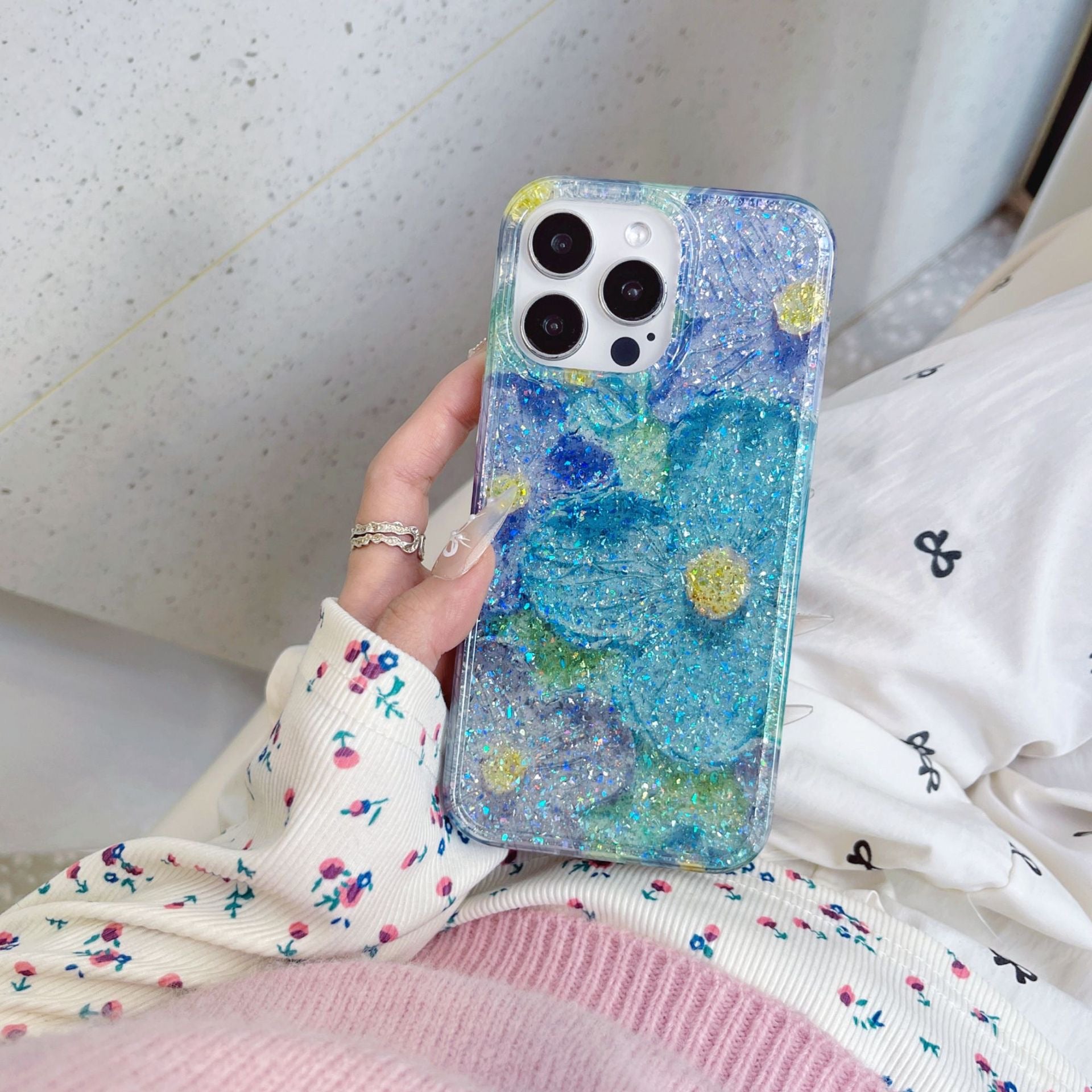 iPhoneケース かわいい お花柄 キラキラ ブルー ピンク　スマホケース