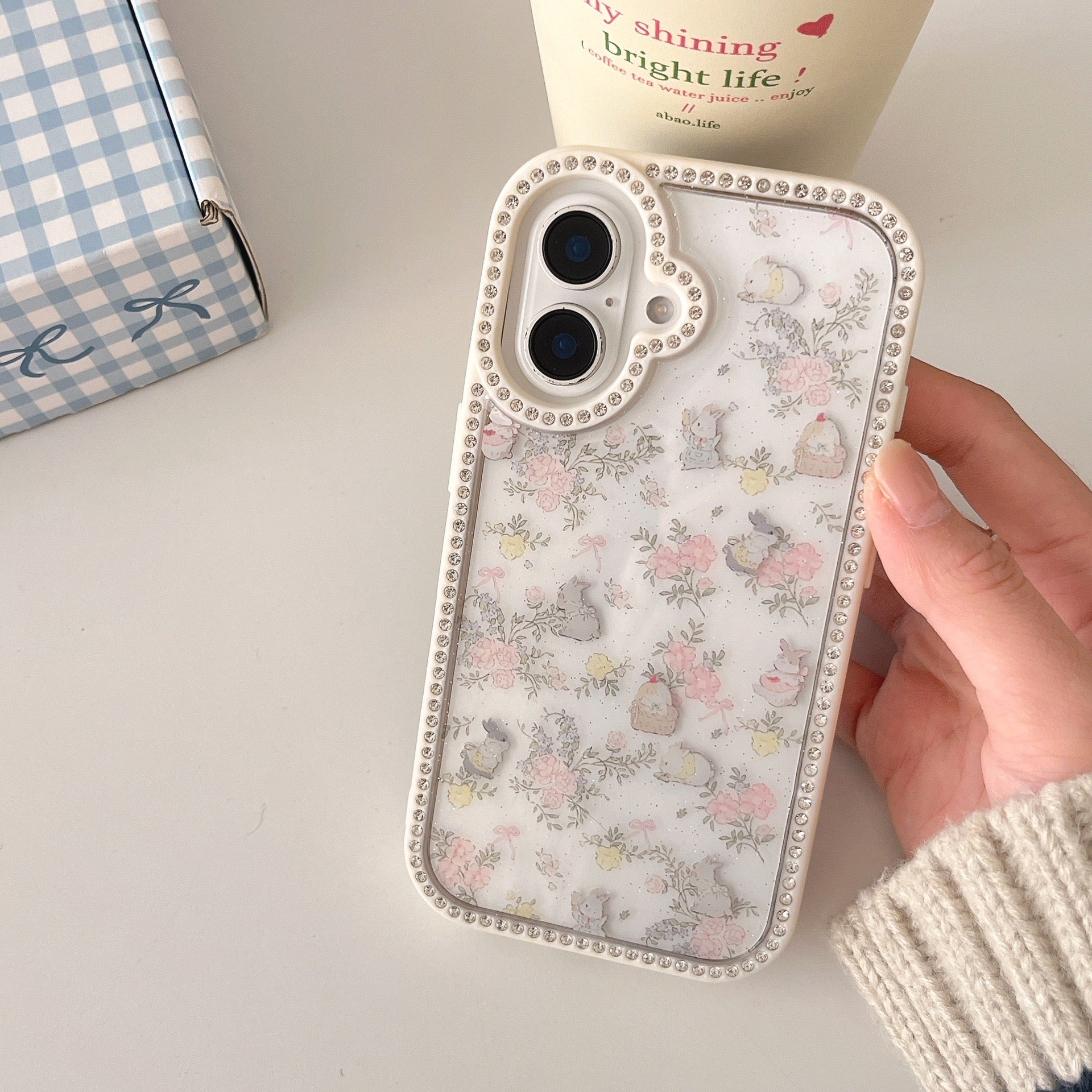 iPhoneケース かわいい うさぎ フラワー ホワイト スマホケース