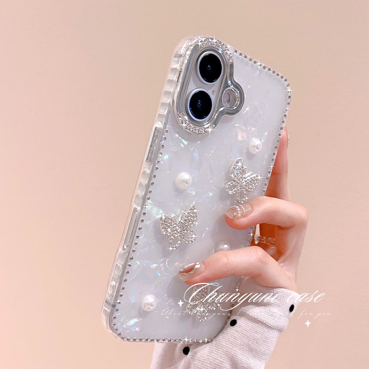 iPhoneケース おしゃれ 蝶々 真珠 キラキラ ホワイト スマホケース