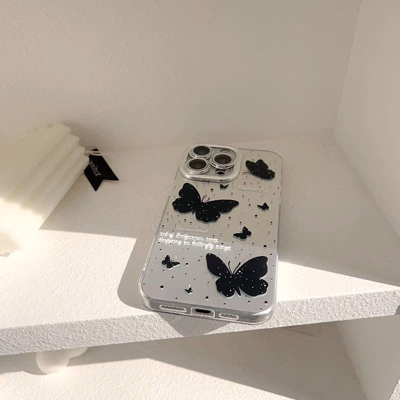 iPhoneケース ブラック 蝶々 おしゃれ シルバー スマホケース