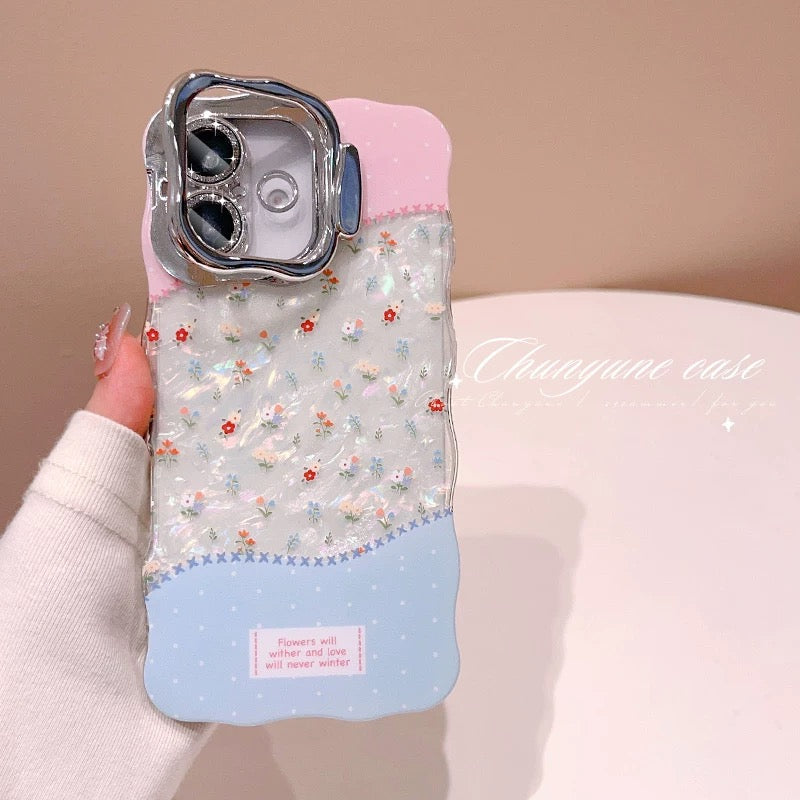 iPhoneケース かわいい フラワー ピンク×ブルー スタンド付き スマホケース