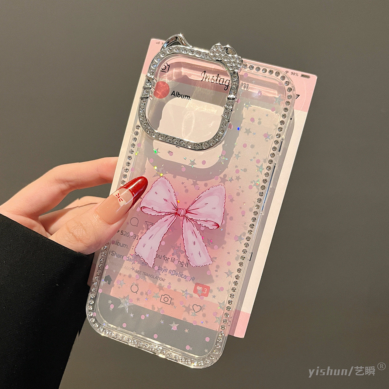 iPhoneケース おしゃれ リボン 耳付き カメラ周り 透明 クリア スマホケース