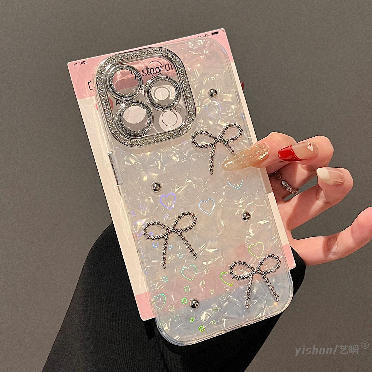 iPhoneケース 立体 リボン キラキラ ハート ホワイト スマホケース