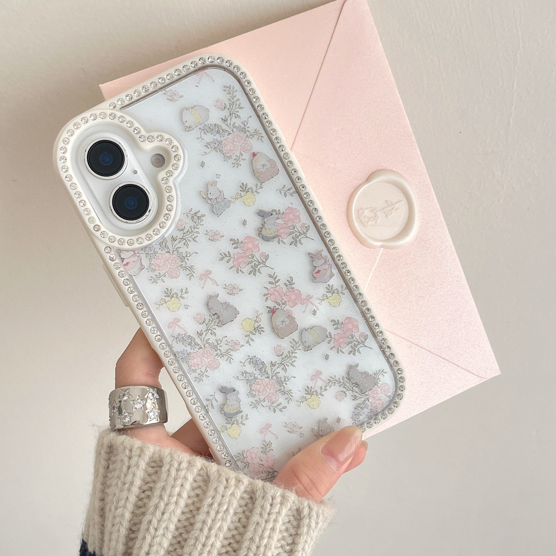 iPhoneケース かわいい うさぎ フラワー ホワイト スマホケース