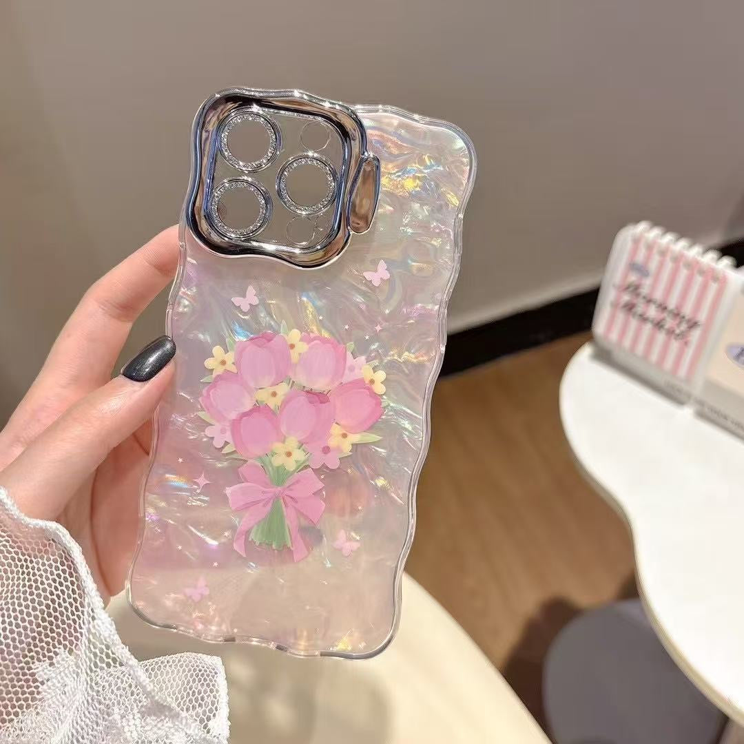 iPhoneケース シェル風 クリア×花束リボンデザイン スマホスタンド スマホケース