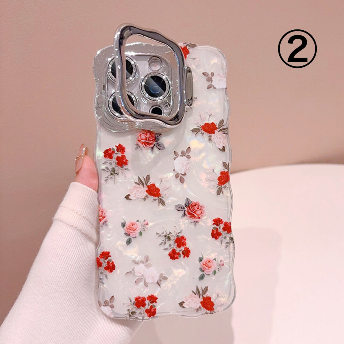 iPhoneケース 小花柄クリア×カメラ保護カバー スマホスタンド スマホケース