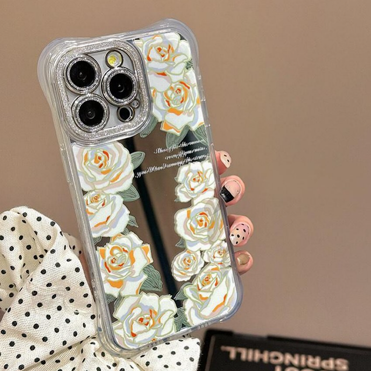 iPhoneケース 大人可愛い ホワイトフラワー ミラー付き スマホケース