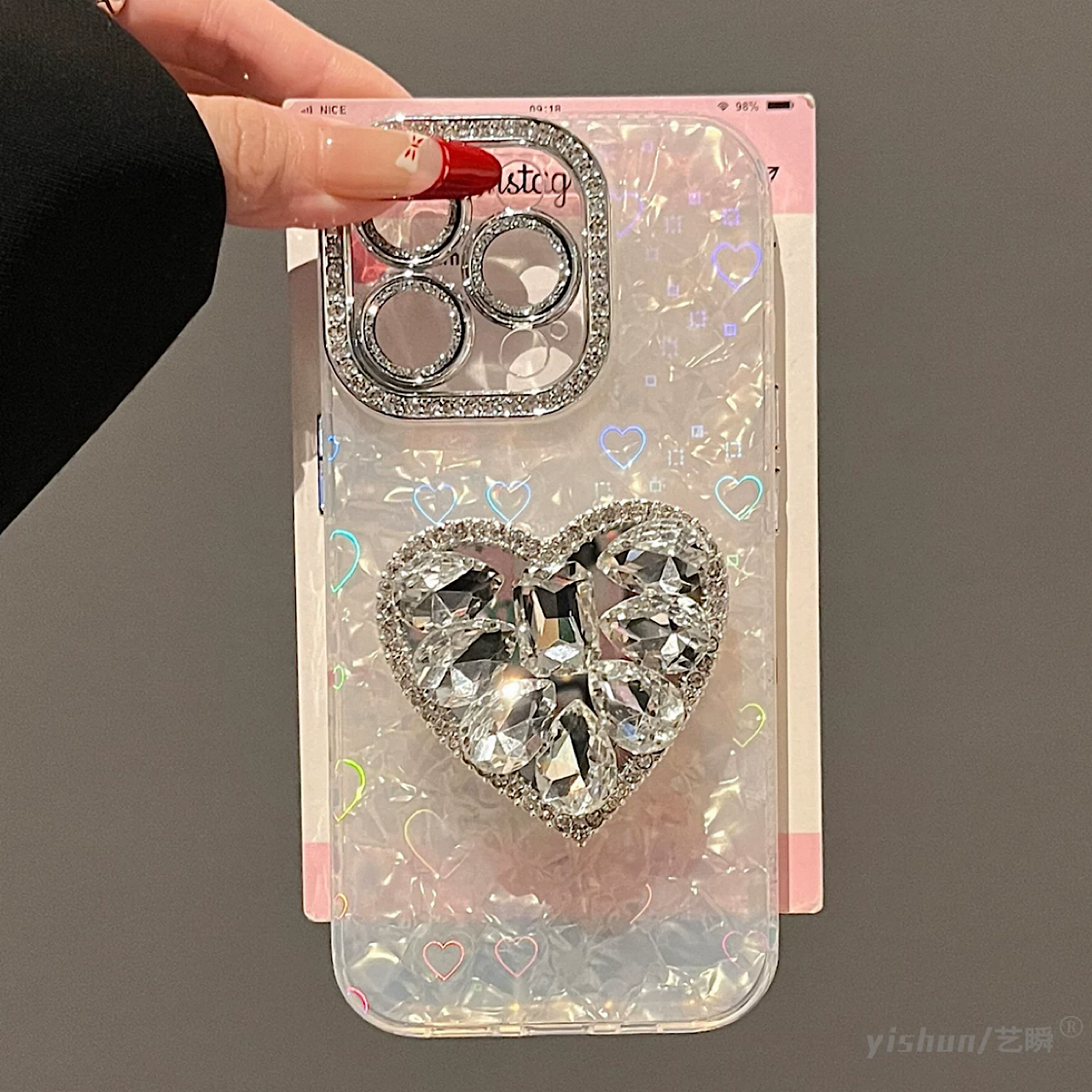 iPhoneケース おしゃれ キラキラ ハート 持ち手付き 韓国 スマホケース