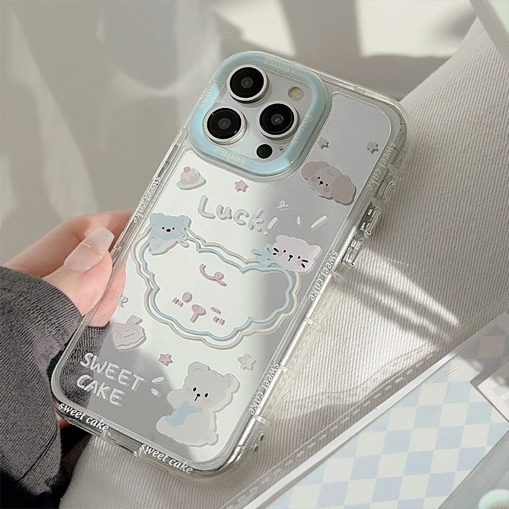 iPhoneケース くま ねこ パステル 鏡付き デザイン 量産系 ゆめかわ スマホケース