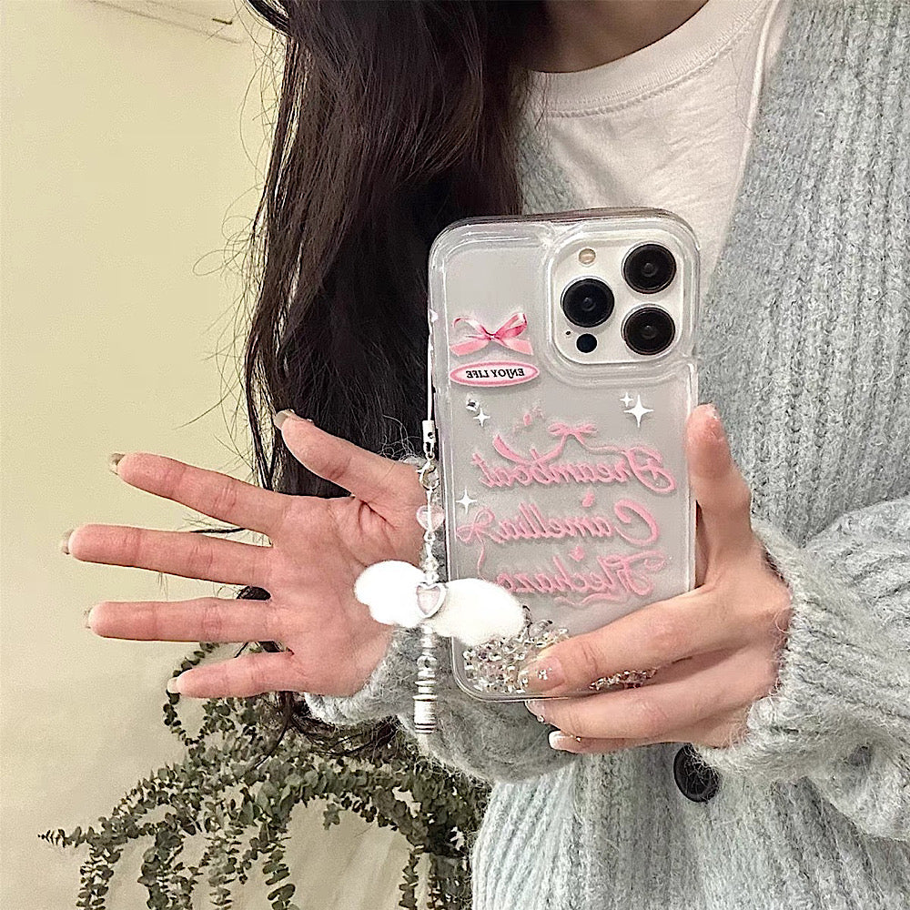 iPhoneケース ピンク リボン かわいい 英文字付き スマホケース