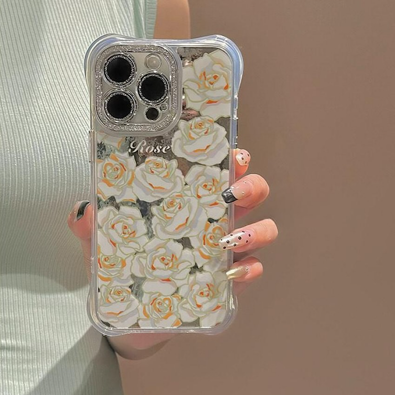 iPhoneケース 大人可愛い ホワイトフラワー ミラー付き スマホケース