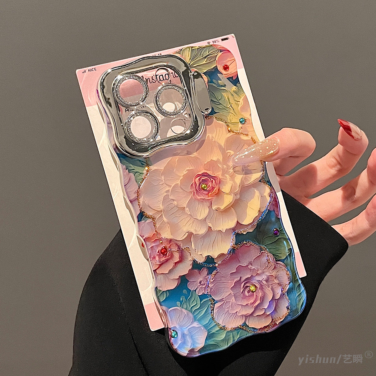 iPhoneケース おしゃれ イエロー フラワー スタンド付き スマホケース
