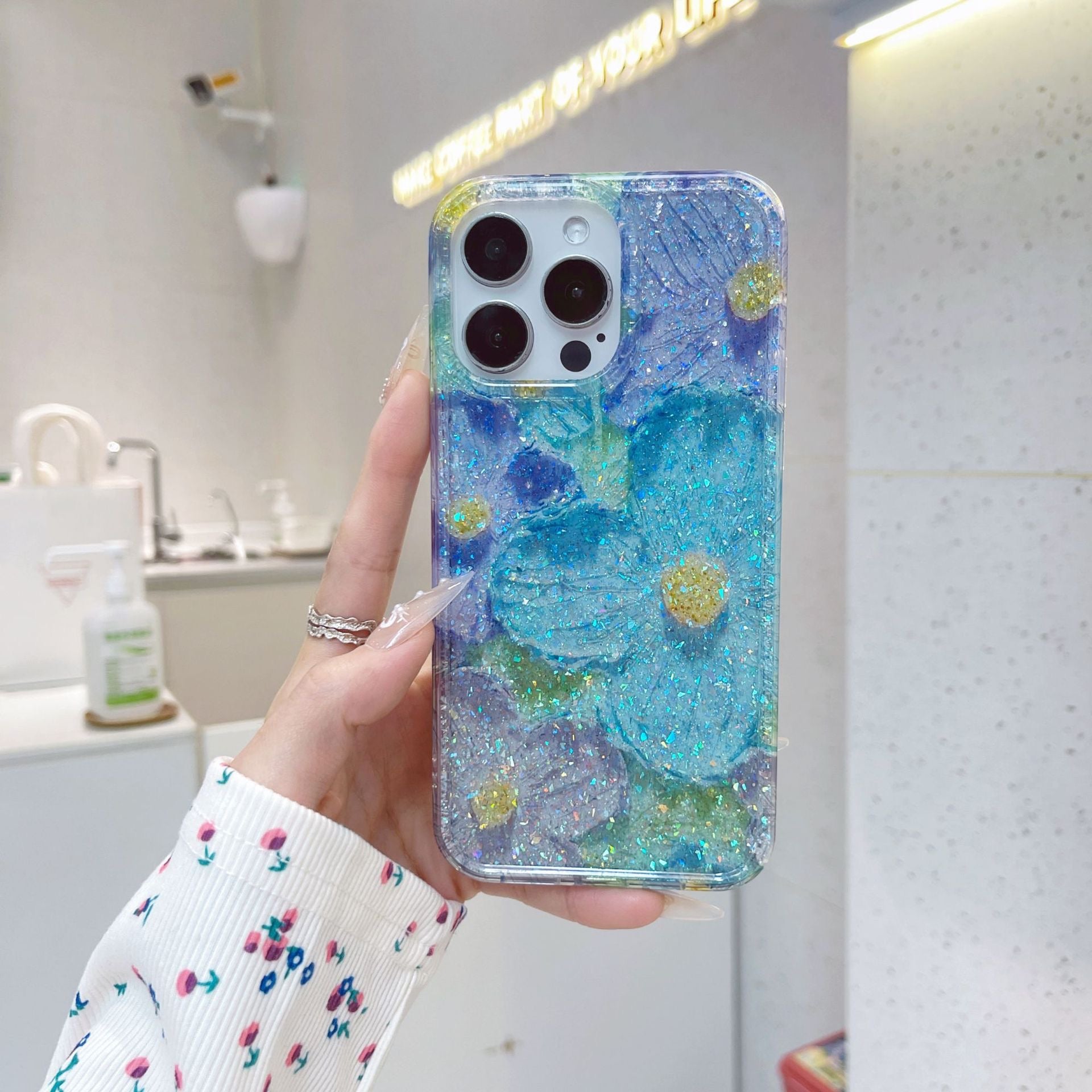 iPhoneケース かわいい お花柄 キラキラ ブルー ピンク　スマホケース