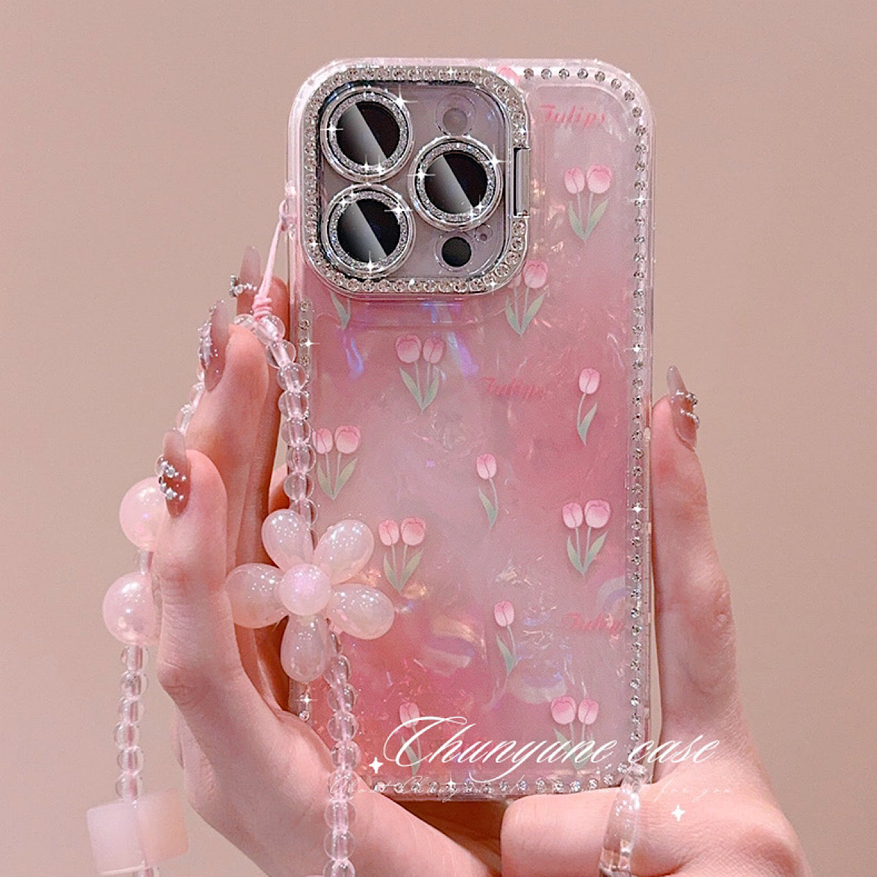 iPhoneケース かわいい ピンク チューリップ スタンド付き スマホケース