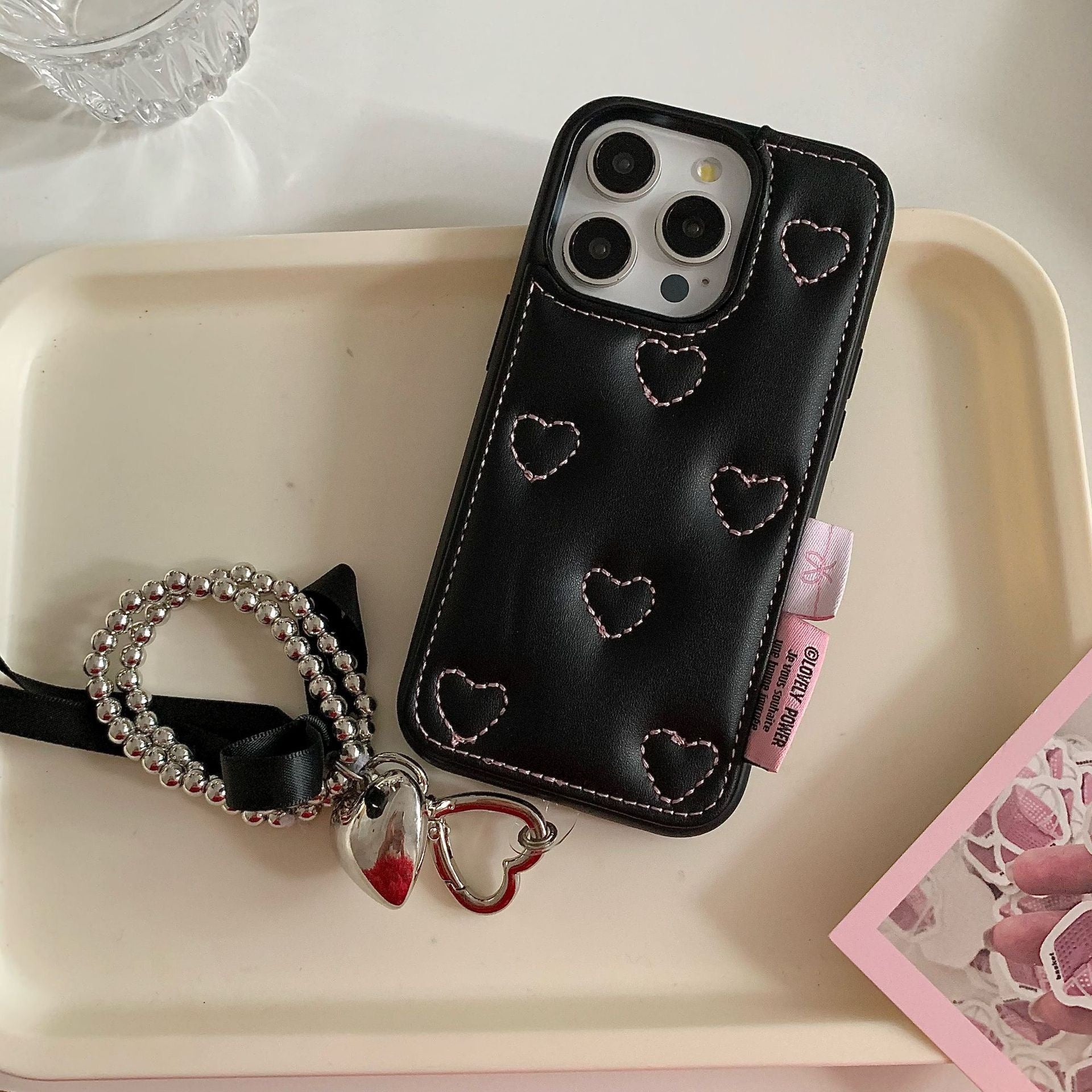 iPhoneケース おしゃれ 高級感 革質 結び目 リボン ハート ブラック スマホケース