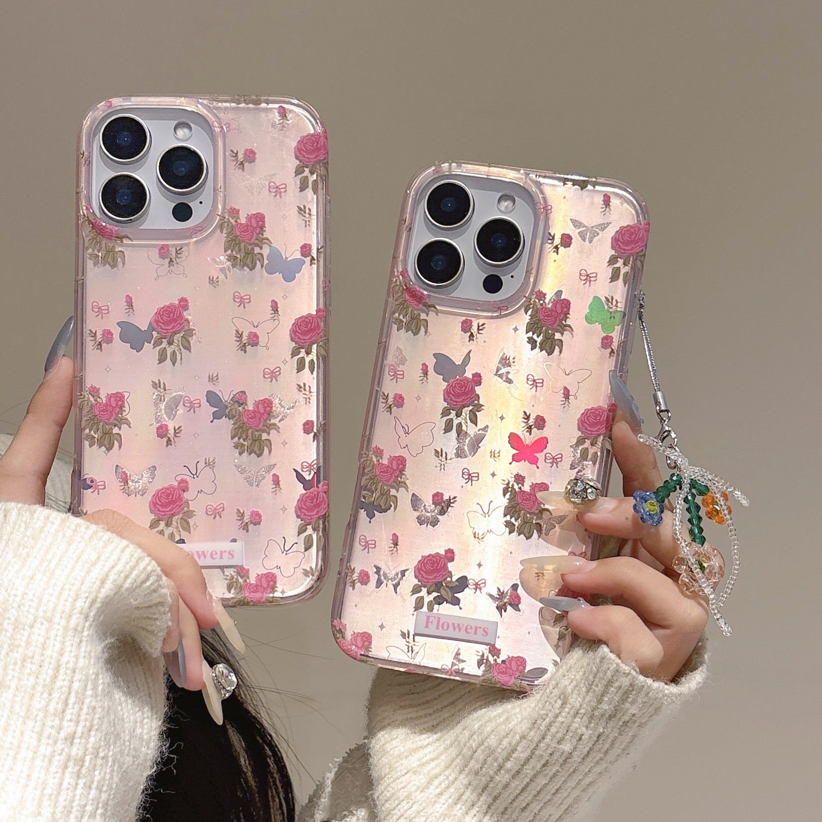 iPhoneケース おしゃれ ローズフラワー 蝶々 ピンク スマホケース