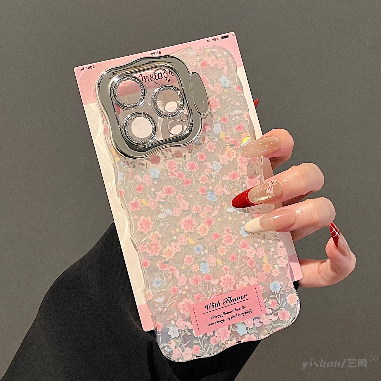 iPhoneケース おしゃれ ピンク フラワー スタンド付き スマホケース