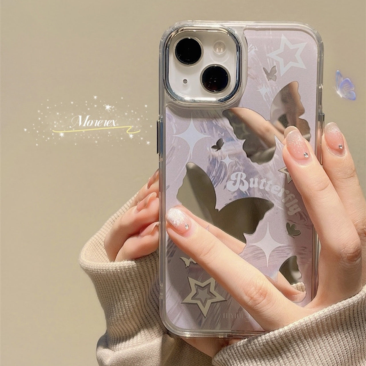 iPhoneケース おしゃれ パープル 蝶々 ミラー付き スマホケース