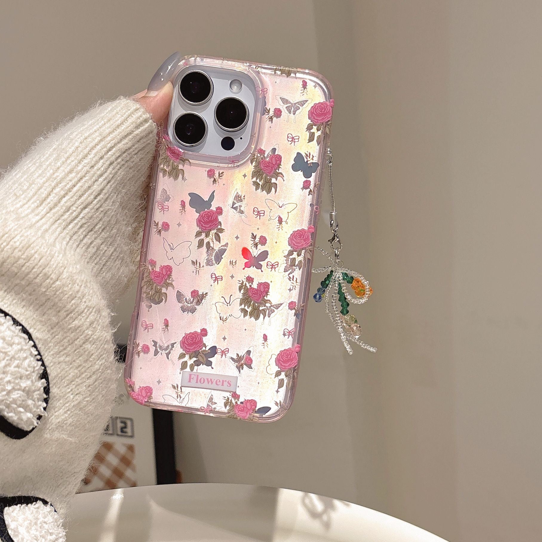 iPhoneケース おしゃれ ローズフラワー 蝶々 ピンク スマホケース