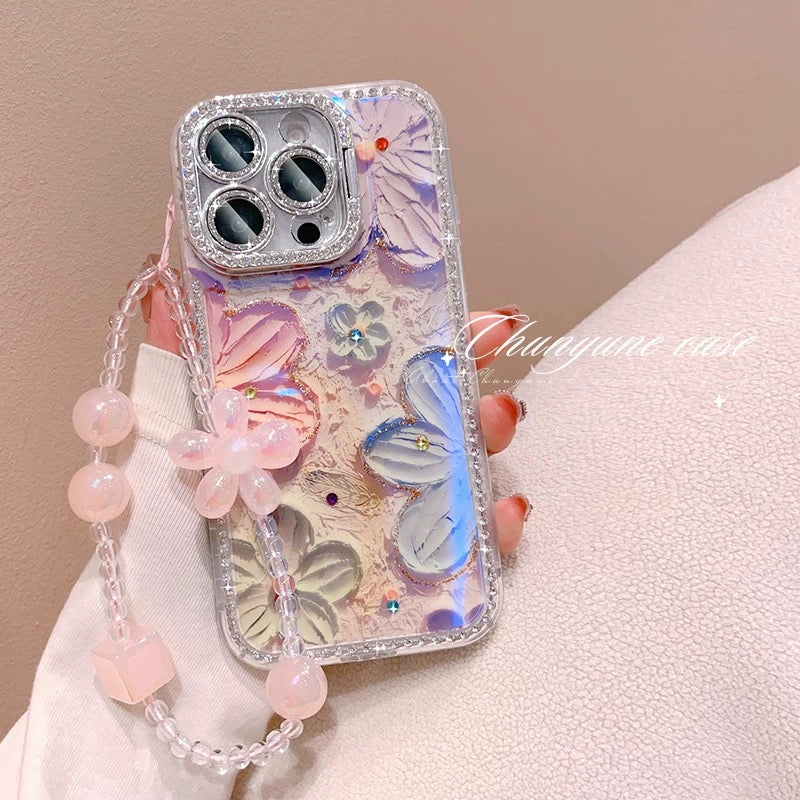 iPhoneケース おしゃれ キラキラ お花柄 スタンド付き スマホケース