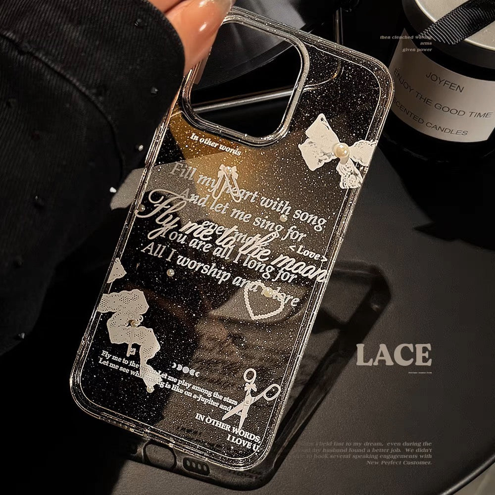 iPhoneケース ホワイト リボン おしゃれ キラキラ 透明 クリア スマホケース