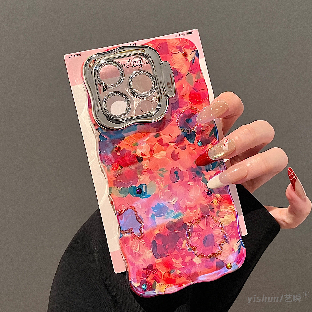 iPhoneケース おしゃれ 絵の具風 カラフル フラワー スタンド付き スマホケース