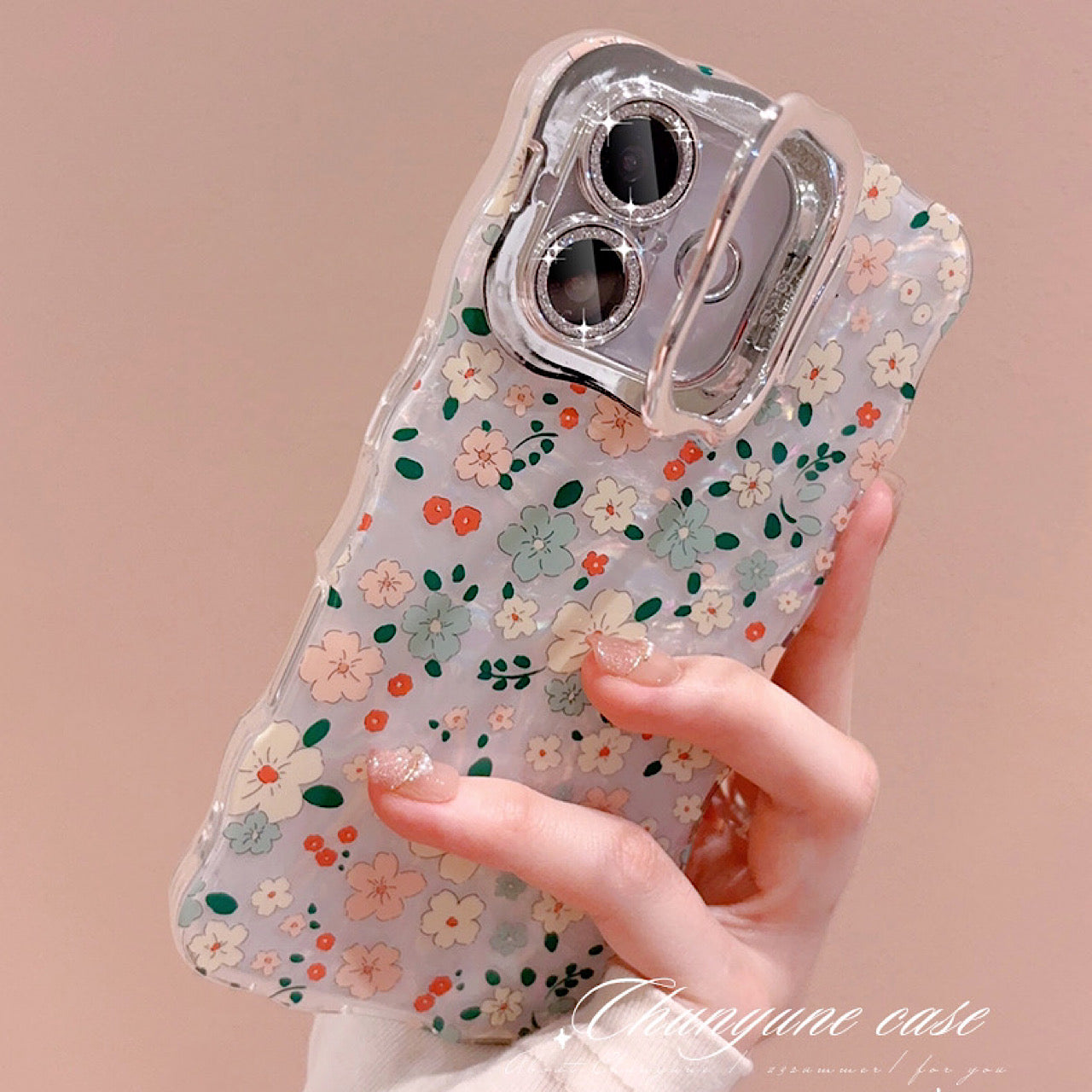 iPhoneケース キラキラ フラワー柄  スタンド付き スマホケース