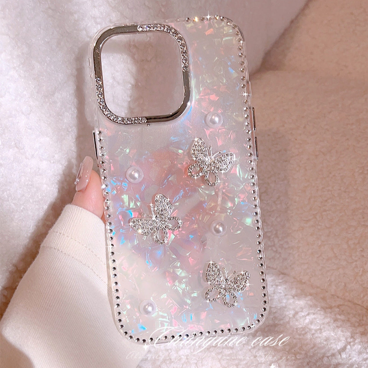 iPhoneケース おしゃれ 蝶々 真珠 キラキラ ホワイト スマホケース