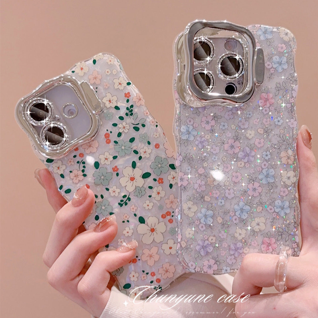 iPhoneケース キラキラ フラワー柄  スタンド付き スマホケース