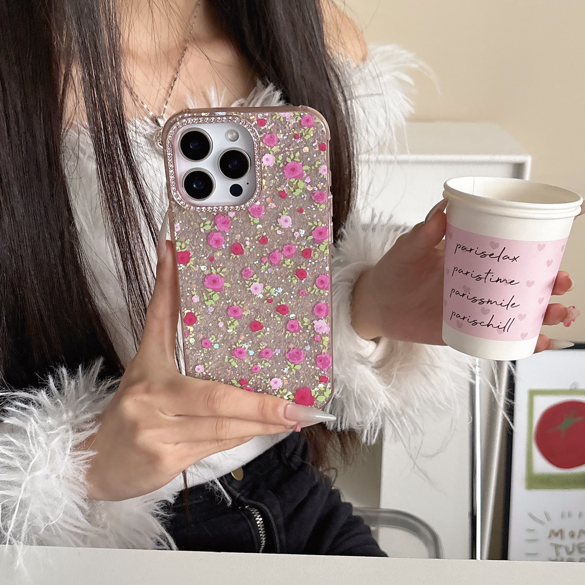 iPhoneケース かわいい ピンク フラワー キラキラ スマホケース