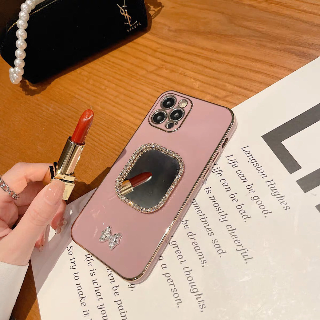 iPhoneケース おしゃれ リボン ミラー付き スマホケース