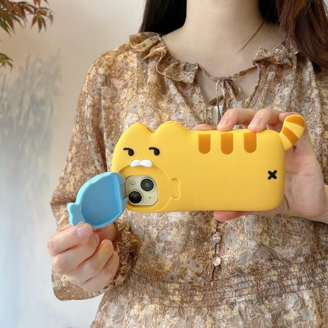 iPhoneケース かわいい 魚咥えた 猫 カメラ保護付き スマホケース