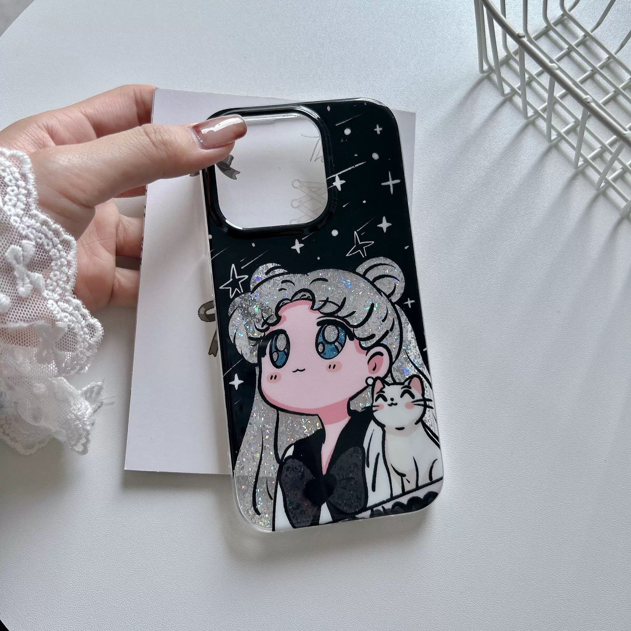 iPhoneケース かわいい 女の子 白猫 キラキラ ブラック スマホケース
