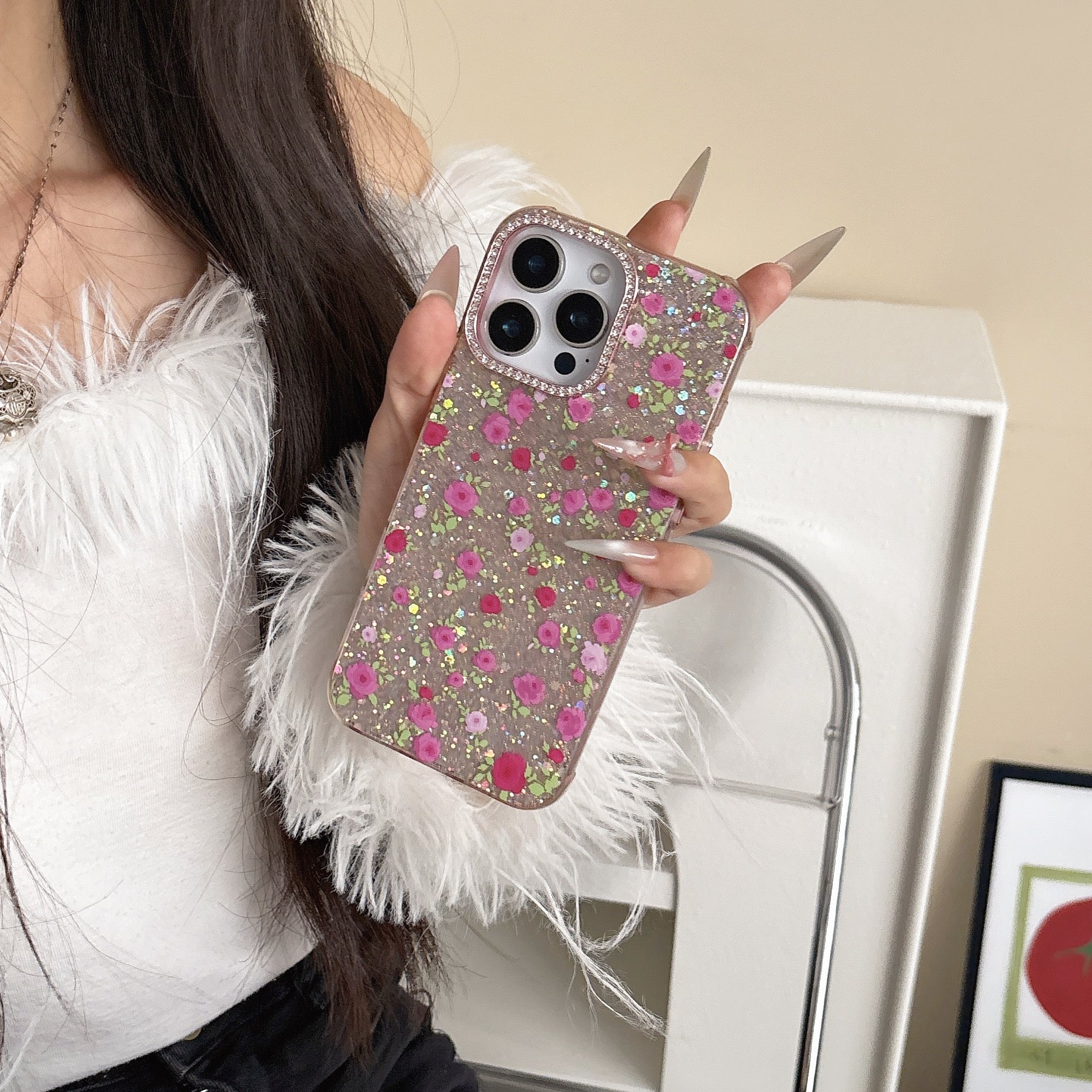 iPhoneケース かわいい ピンク フラワー キラキラ スマホケース