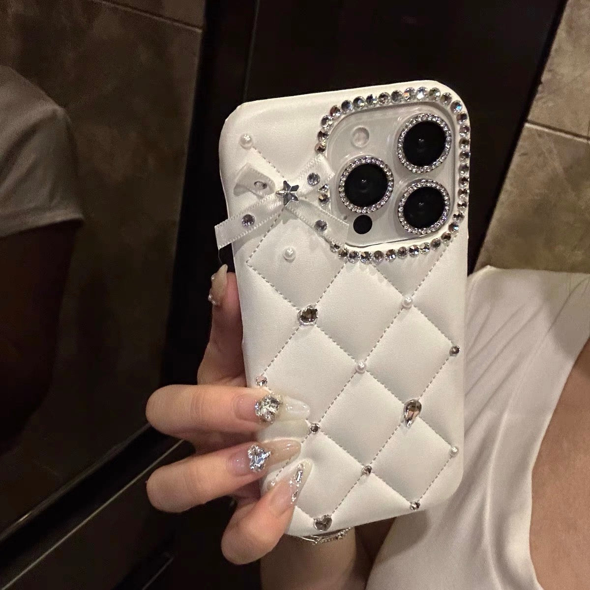 iPhoneケース おしゃれ 立体 リボン ホワイト アーガイル スマホケース