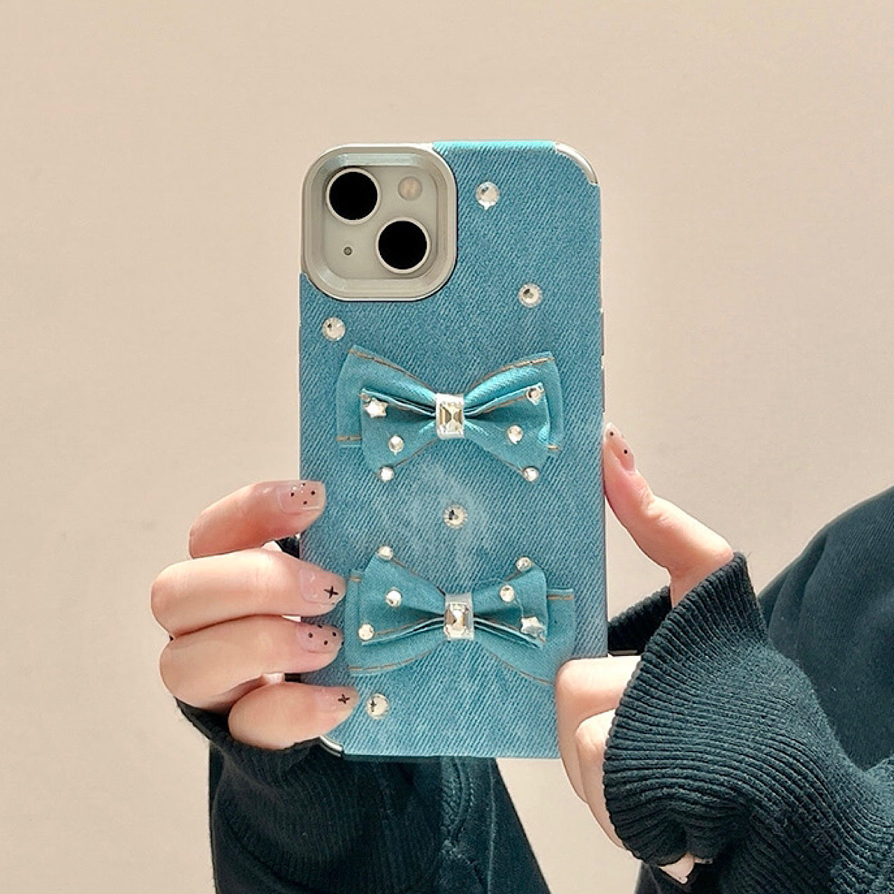 iPhoneケース 立体リボン付き デニム風 スマホケース