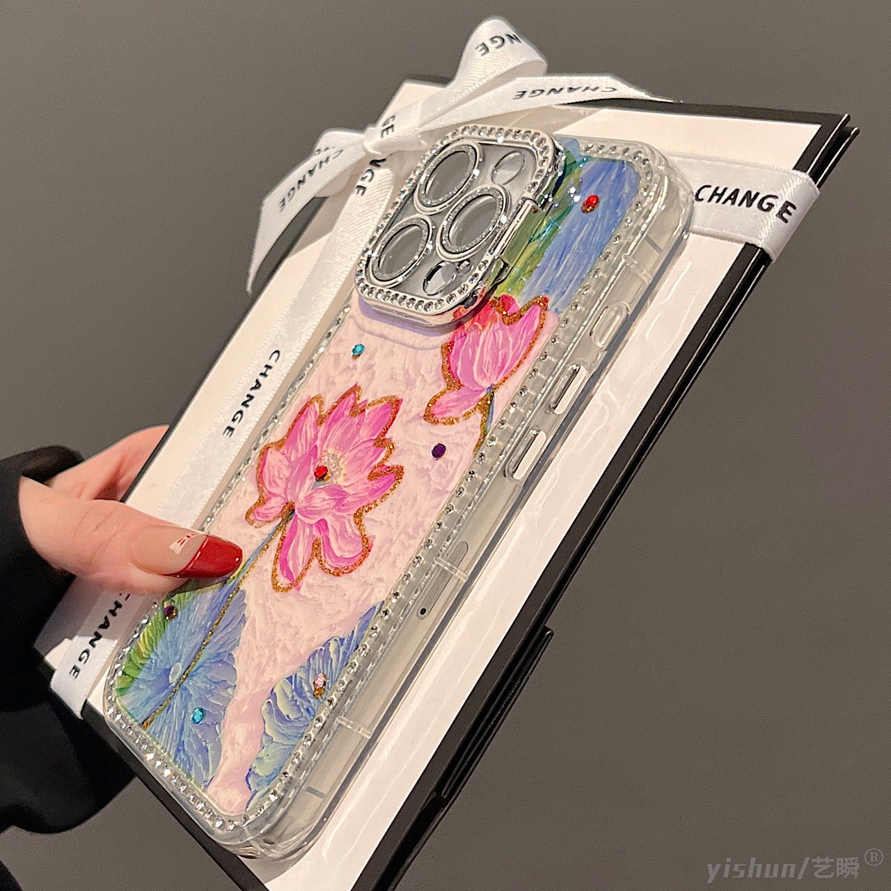iPhoneケース おしゃれ 蓮の花 キラキラ ジュエル付き スマホケース