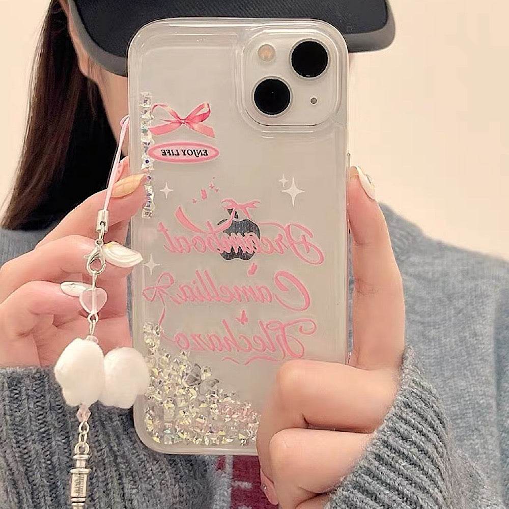 iPhoneケース ピンク リボン かわいい 英文字付き スマホケース