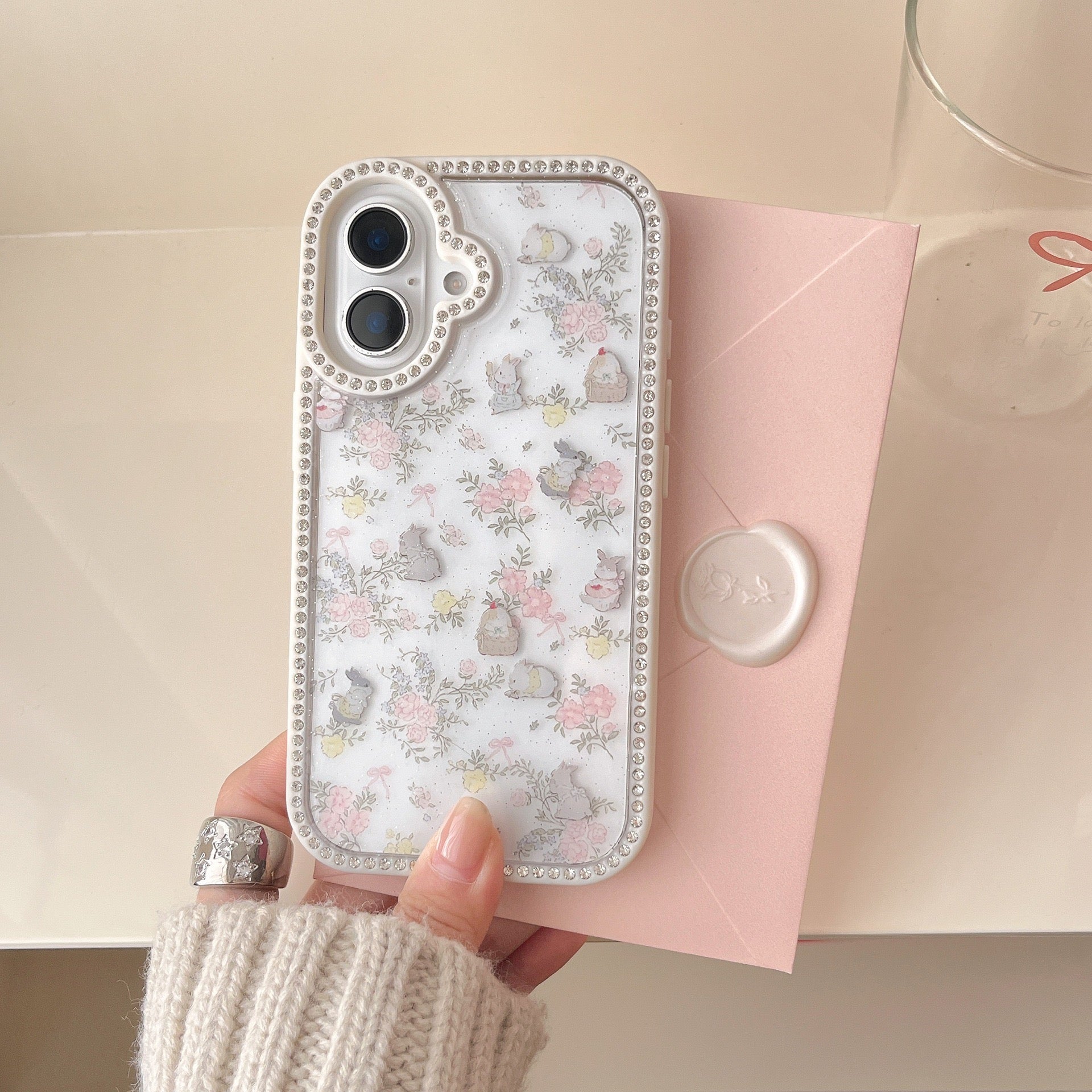 iPhoneケース かわいい うさぎ フラワー ホワイト スマホケース