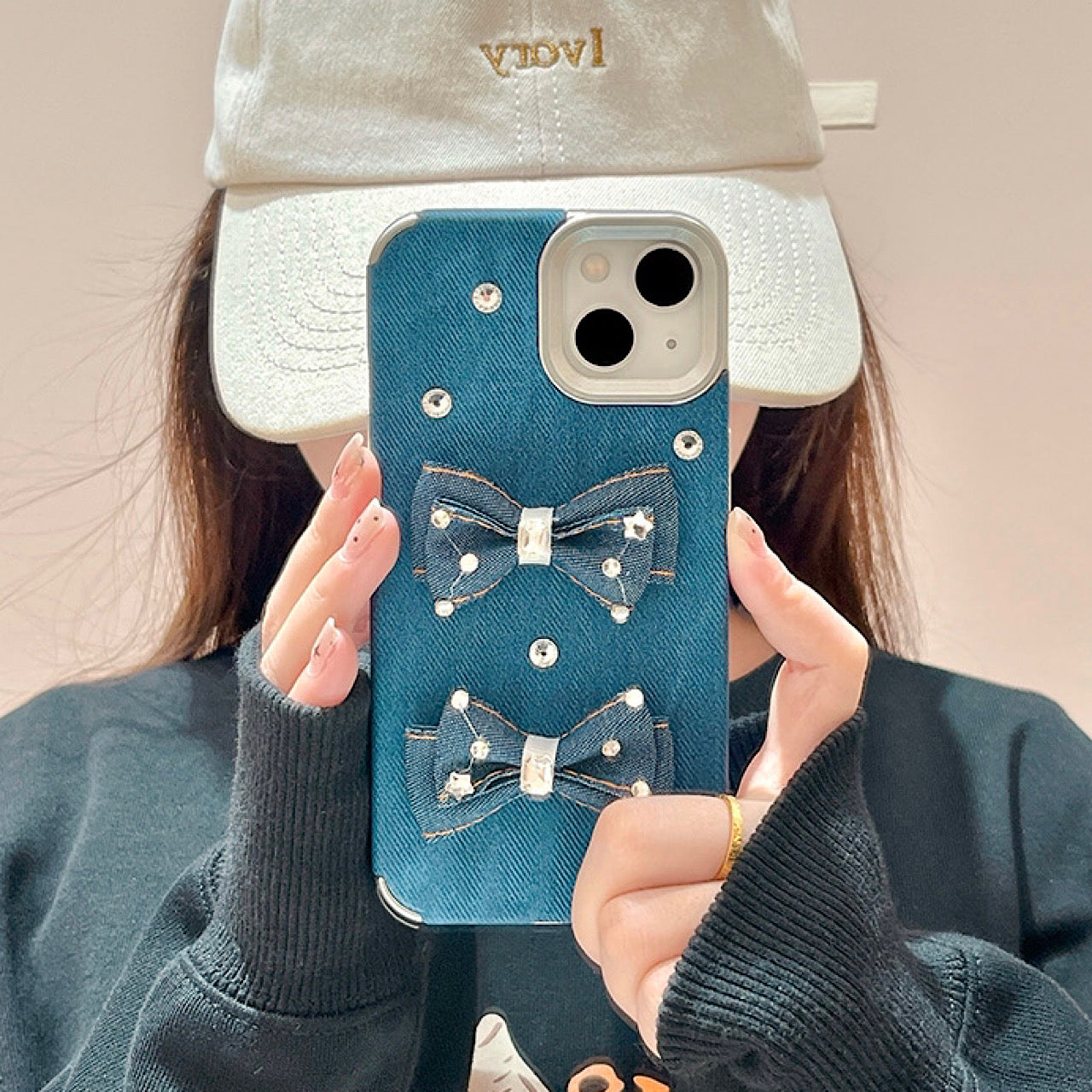 iPhoneケース 立体リボン付き デニム風 スマホケース