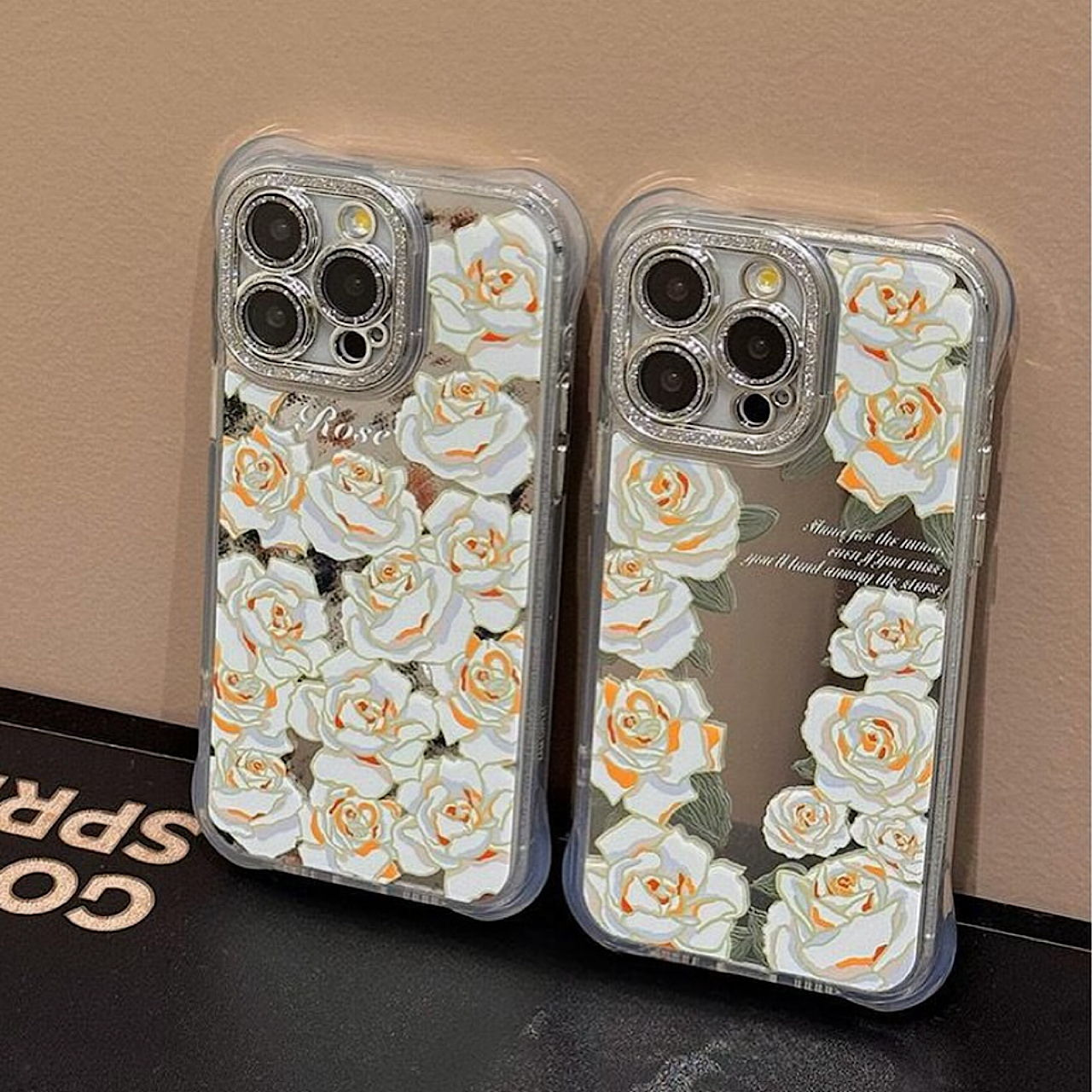 iPhoneケース 大人可愛い ホワイトフラワー ミラー付き スマホケース