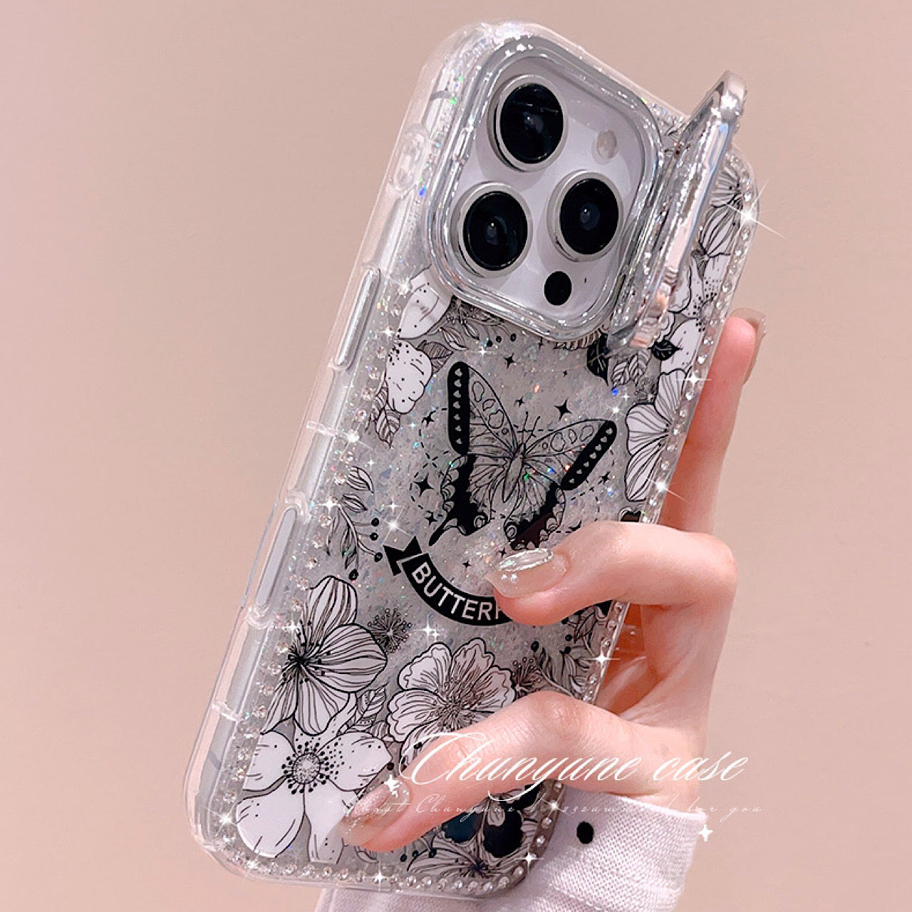 iPhoneケース おしゃれ キラキラ 蝶々 ブラック×ホワイト スタンド付き スマホケース