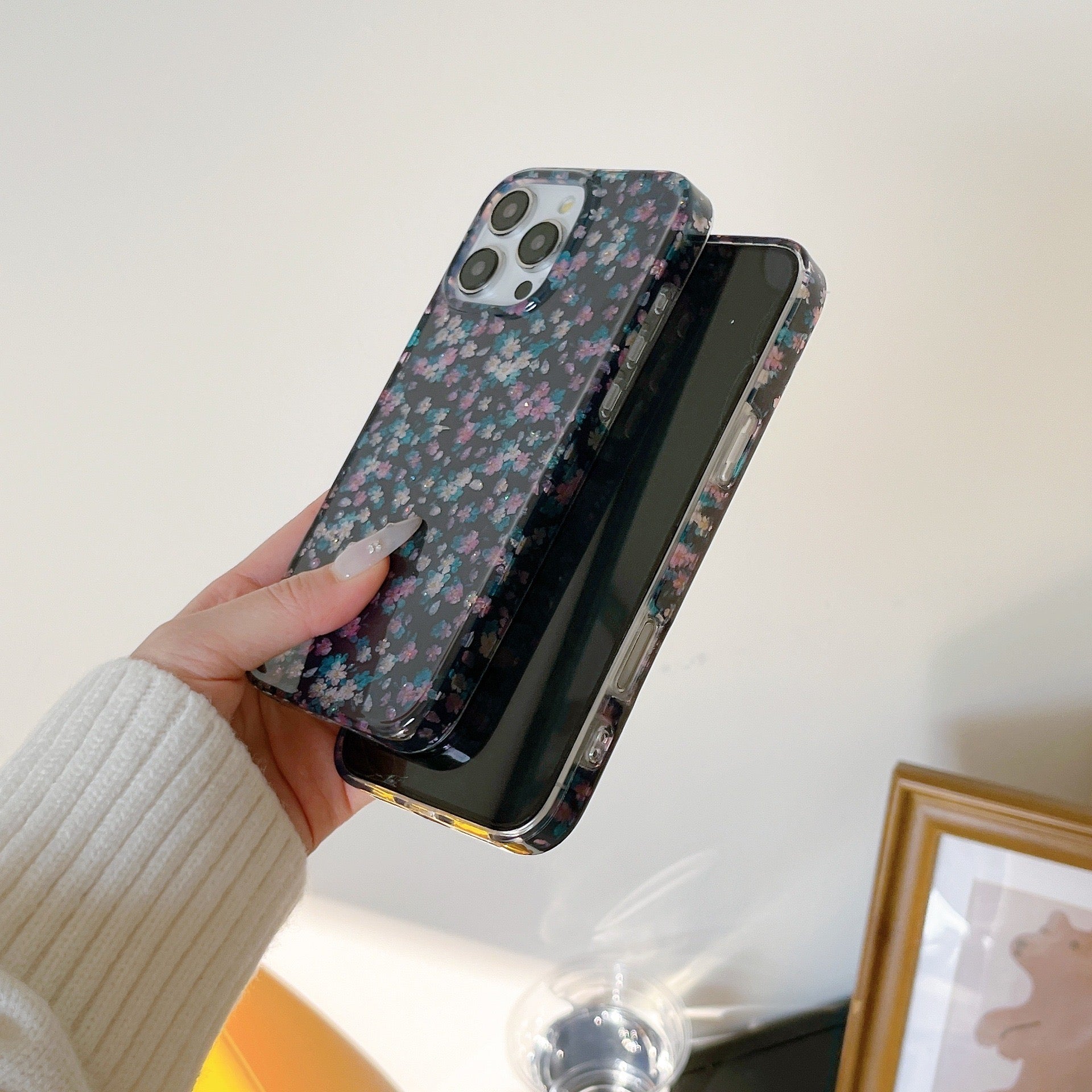 iPhoneケース おしゃれ キラキラ フラワー ブラック スマホケース