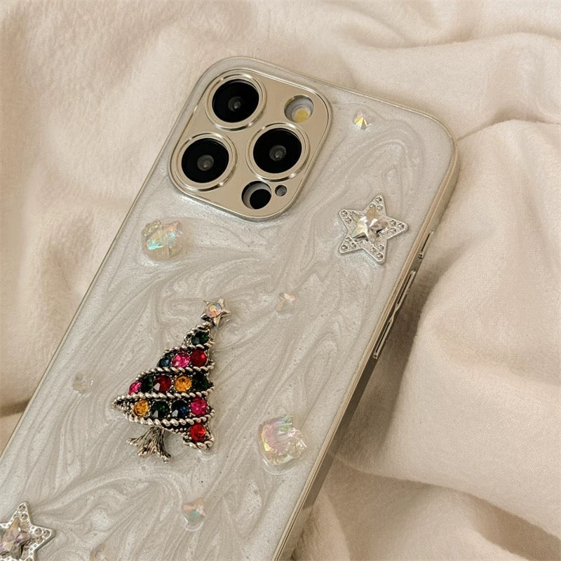 iPhoneケース おしゃれ キラキラ クリスマスツリー ホワイト スマホケース
