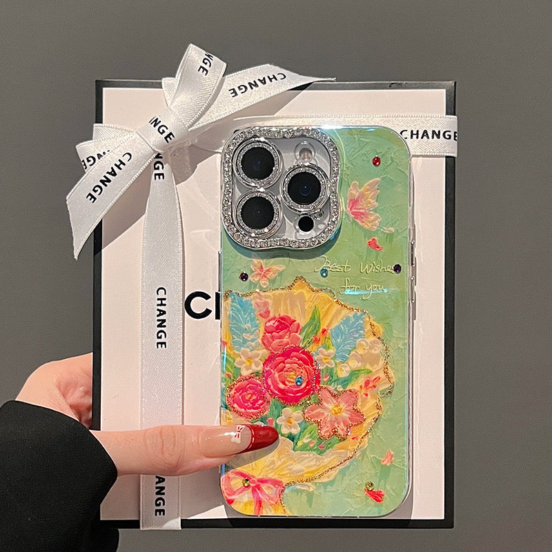 iPhoneケース かわいい フラワー キラキラ カメラ保護付き スマホケース