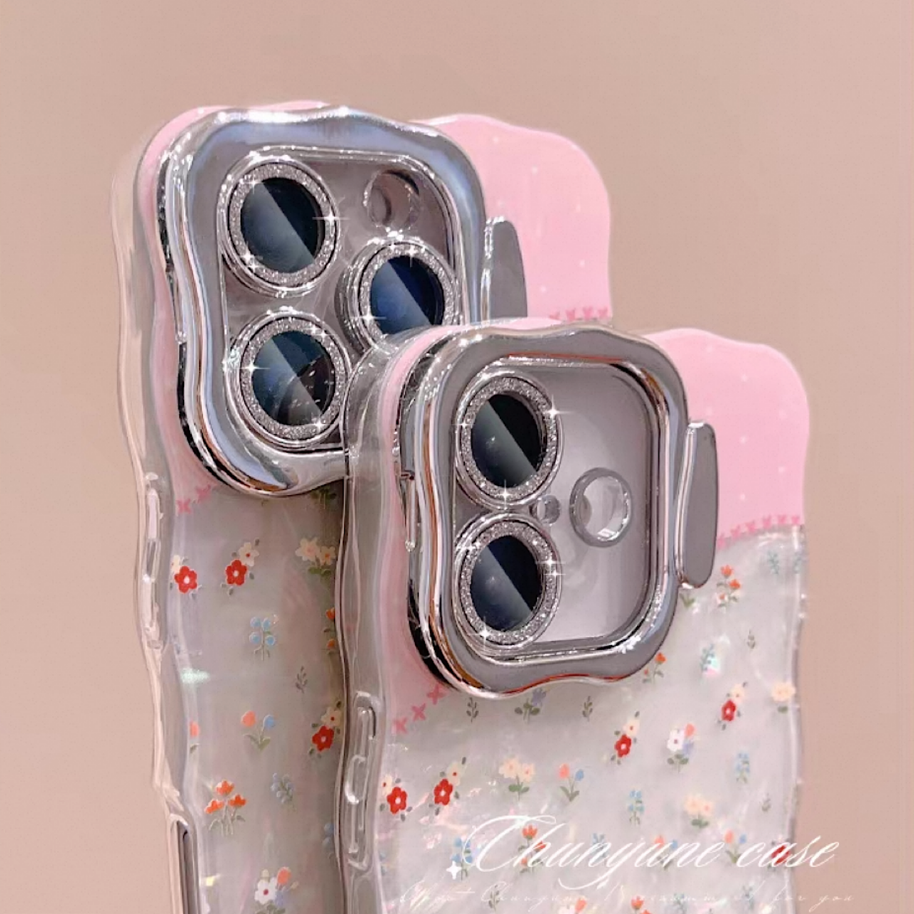 iPhoneケース かわいい フラワー ピンク×ブルー スタンド付き スマホケース