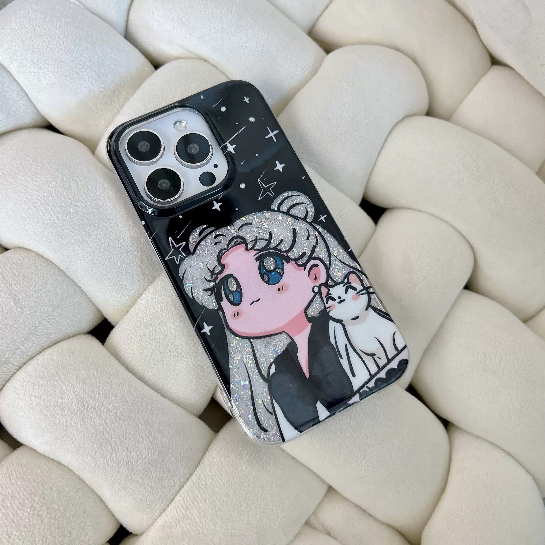 iPhoneケース かわいい 女の子 白猫 キラキラ ブラック スマホケース