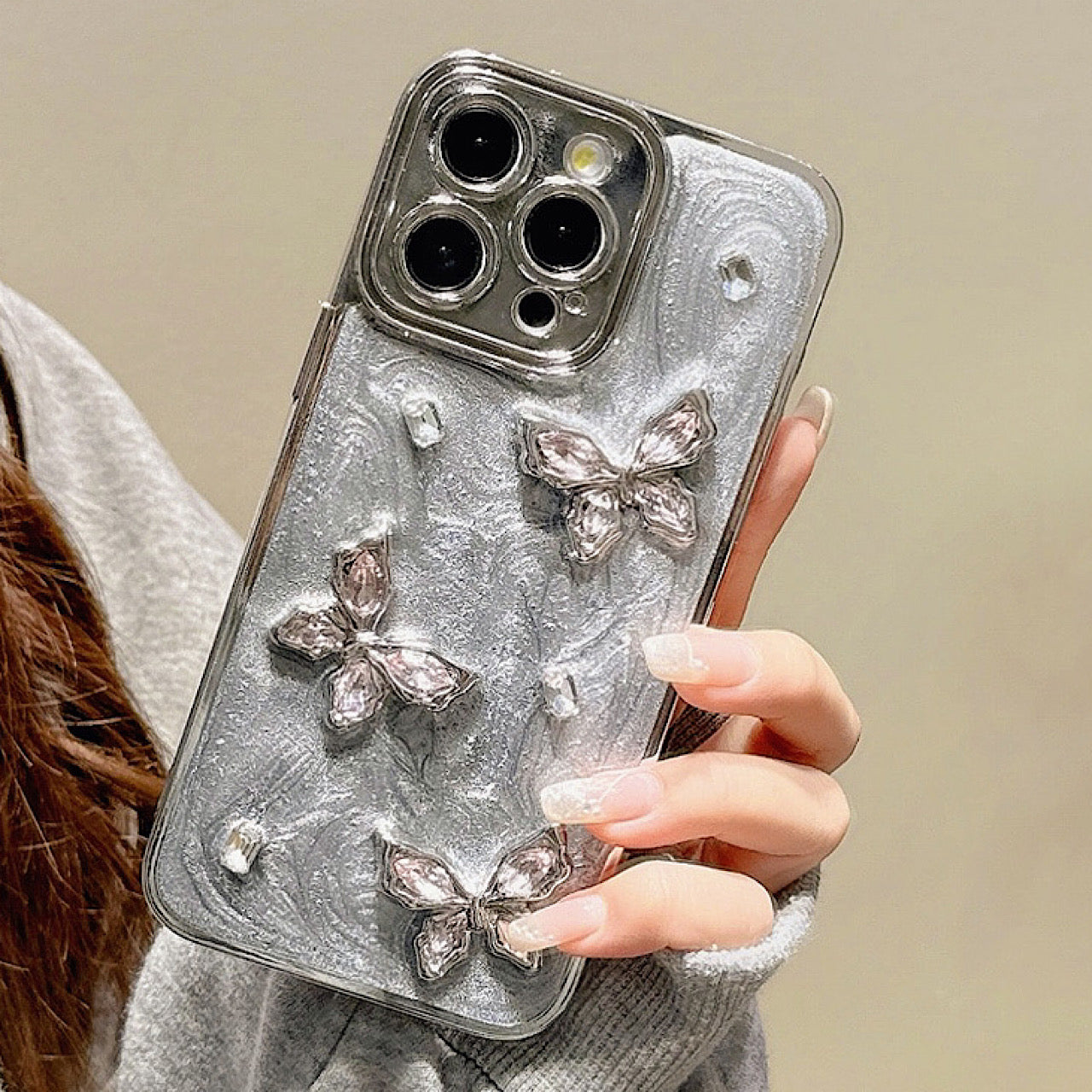 iPhoneケース おしゃれ 立体 蝶々 グレー スマホケース